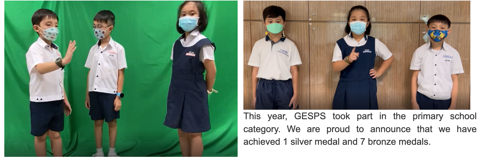 Six masked students in school uniforms pose in two photos, one with a green screen background, celebrating GESPS medal wins.